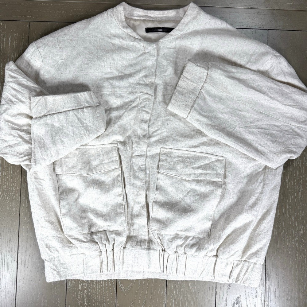 Hazel Linen Bomber Jacket Cream Tan Large Boho Capsule Coastal Lightweight